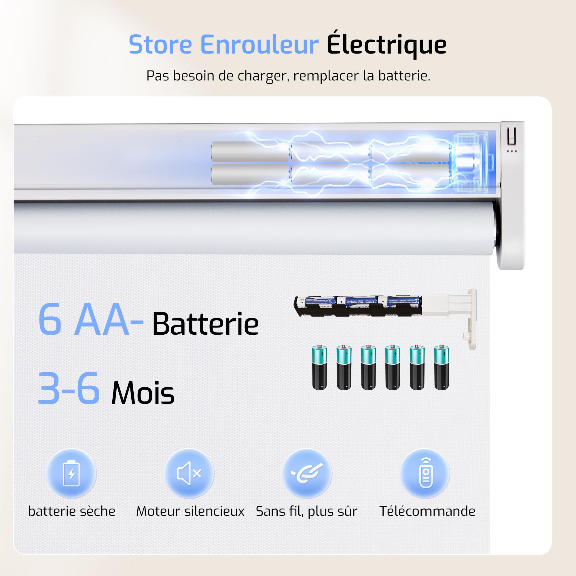 Grandekor Store Enrouleur Occultant sans Perçage Électrique 100x120cm