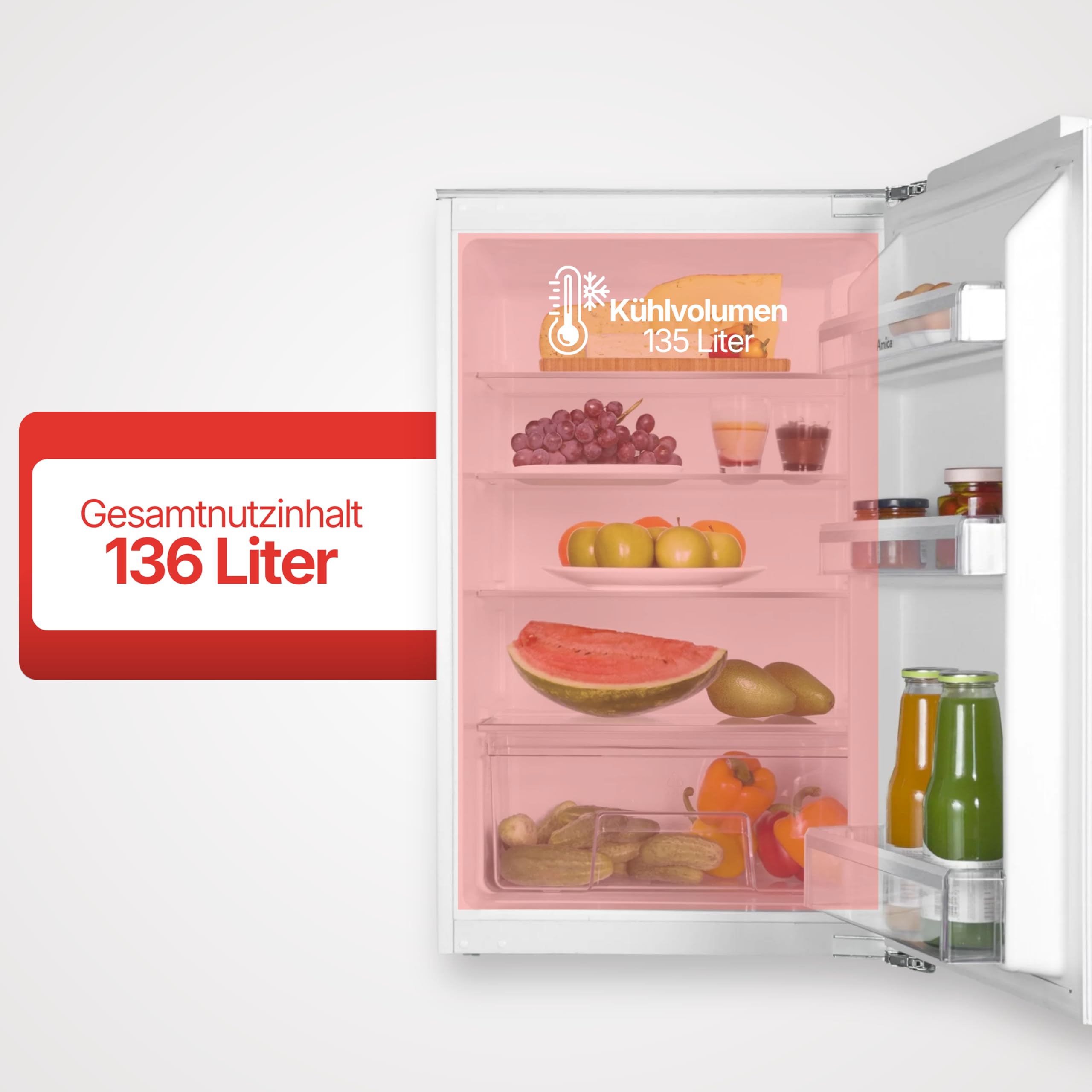 Amica Einbau‑Vollraum‑Kühlschrank Festtür‑Technik 880 mm Nische elektronische Steuerung Inverter‑Motor LED Beleuchtung 87,1 x 54 x 54 cm – Einbaukühlschrank