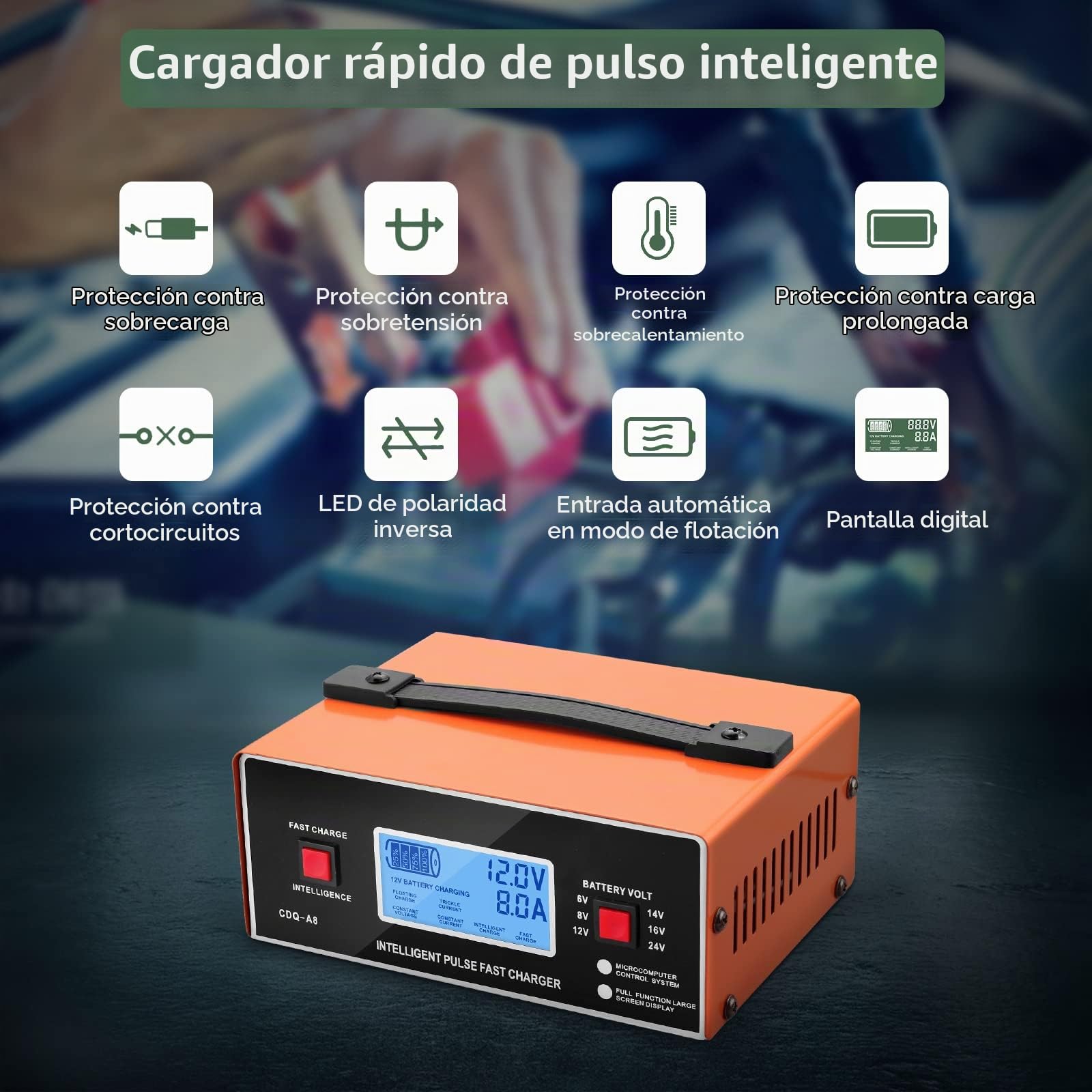 EYPINS Cargador de Batería de Coche, 6V/8V/12V/16V/24V Cargador de Coche Universal Inteligente Totalmente Automático con Pantalla, Cargador Trickle 0-10A para Baterías de Gel, AGM, STD/Ácido Plomo