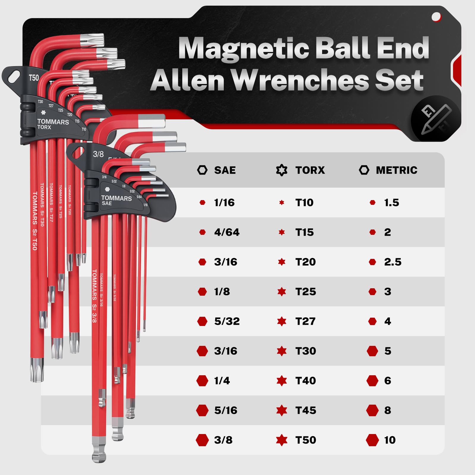 TOMMARS Set di chiavi esagonali con estremità a sfera magnetica S2 in acciaio grande con chiave esagonale a T Set di chiavi a brugola SAE (1/16 "-3/8") Metrica (1,5 mm-10 mm) TORX (T10-T50)