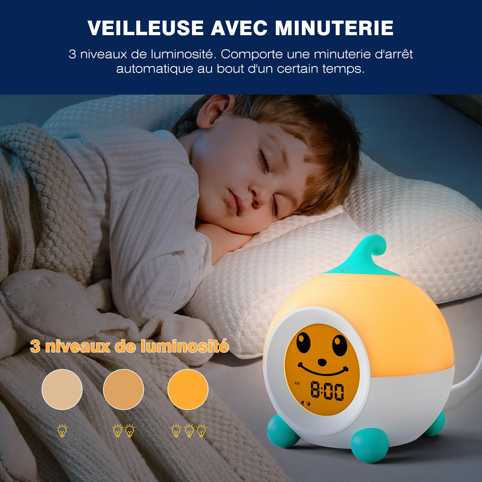 I·CODE Reveil Enfant Educatif Jour/Nuit avec Veilleuse De Nuit, Reveil Enfant avec Minuterie D'arrêt Automatique Fille Cadeau Flle Ado