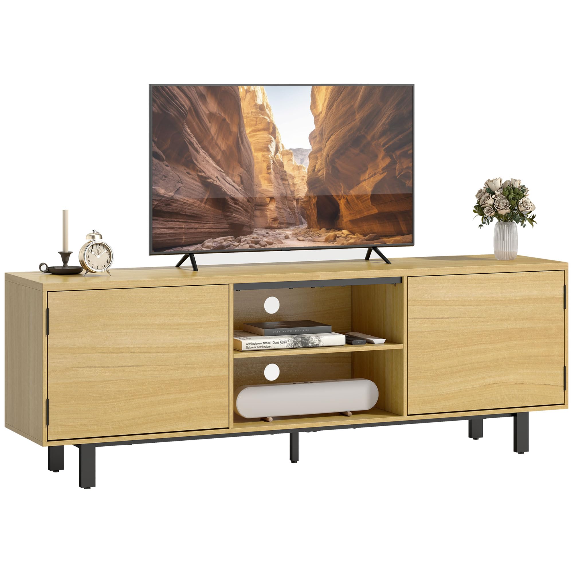 Soporte de TV HOMCOM 160 cm, soporte de TV para televisores de hasta 65" con 2 puertas y 2 estantes abiertos, patas de metal, banco de TV para salón, dormitorio, madera natural
