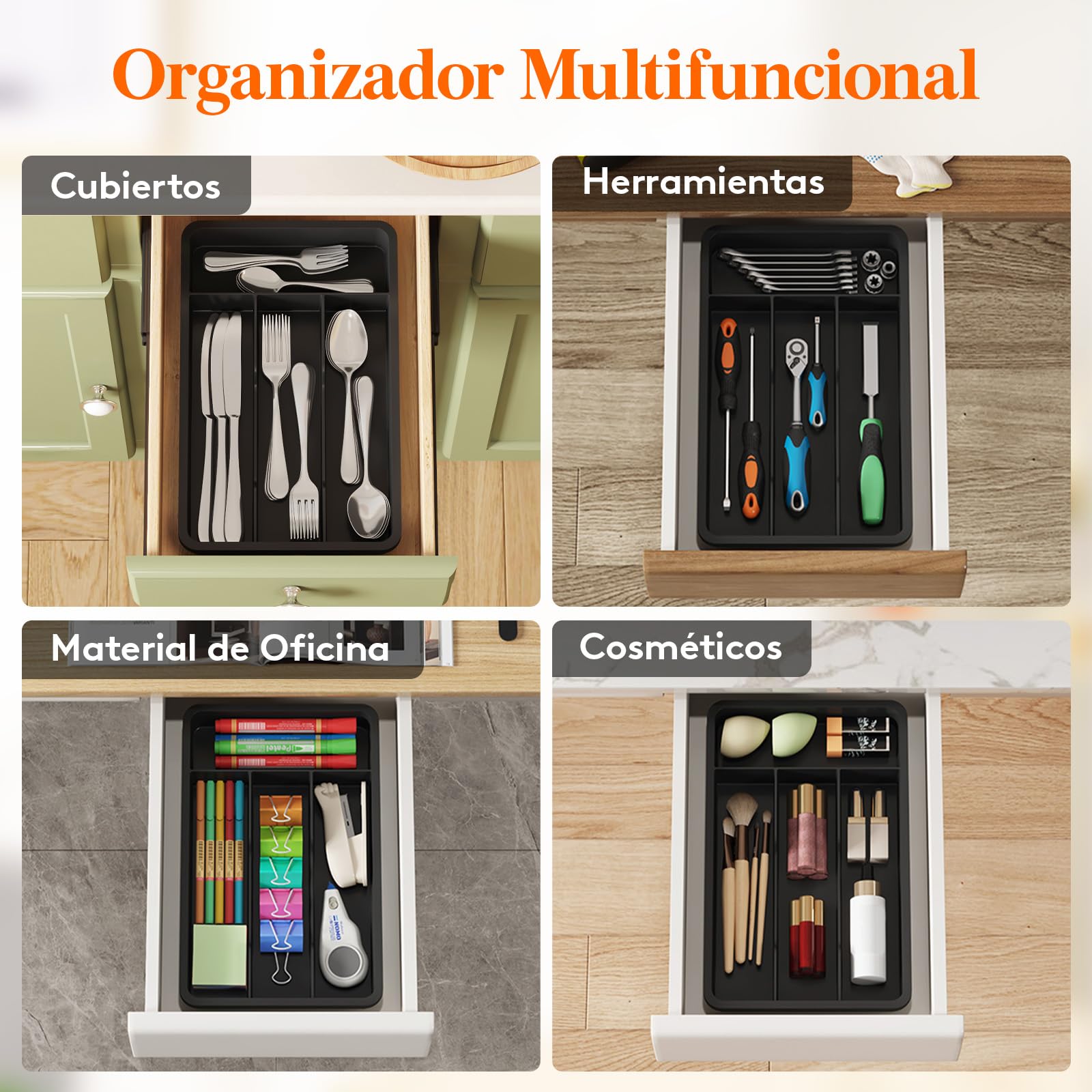 Lifewit Pequeño Bandeja para Cubiertos, Porta Cubiertos con 4 Compartimentos, Cajon Organizador Cubiertos de 19,8 x 31,5 cm, Separador Cubiertos Cocina Plástico con Cuchara, Tenedor, Cuchillo, Negro