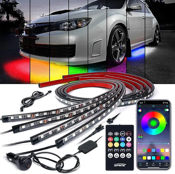 Car Underglow Kit, Xprite 4 Pcs Car Underglow Neon Accent Strip Lights 8 Color 252 LEDs RGB Sound Music Function with APP & Remote Control Underbody Light Strips for SUV Truck w/6FT Extension Wire