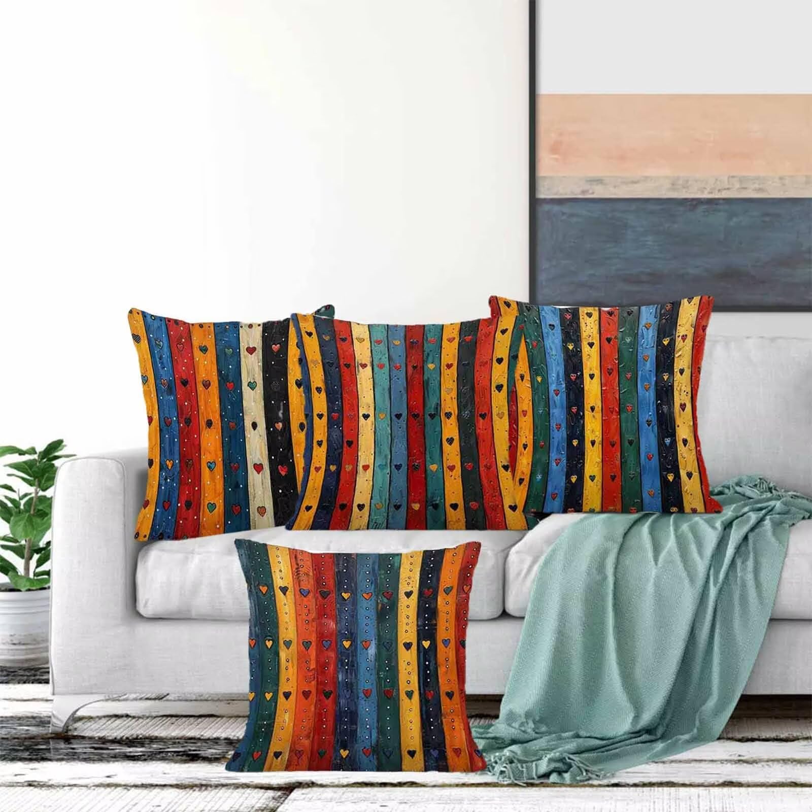 Bande Housse de Coussin 65x65 cm Lot de 4, Housse Coussin Couleur Taies d'Oreillers Double Face Impression Doux et Moelleux Taie Oreiller avec Fermeture Éclair Invisible pour Salon Chambre -lsy2504CO