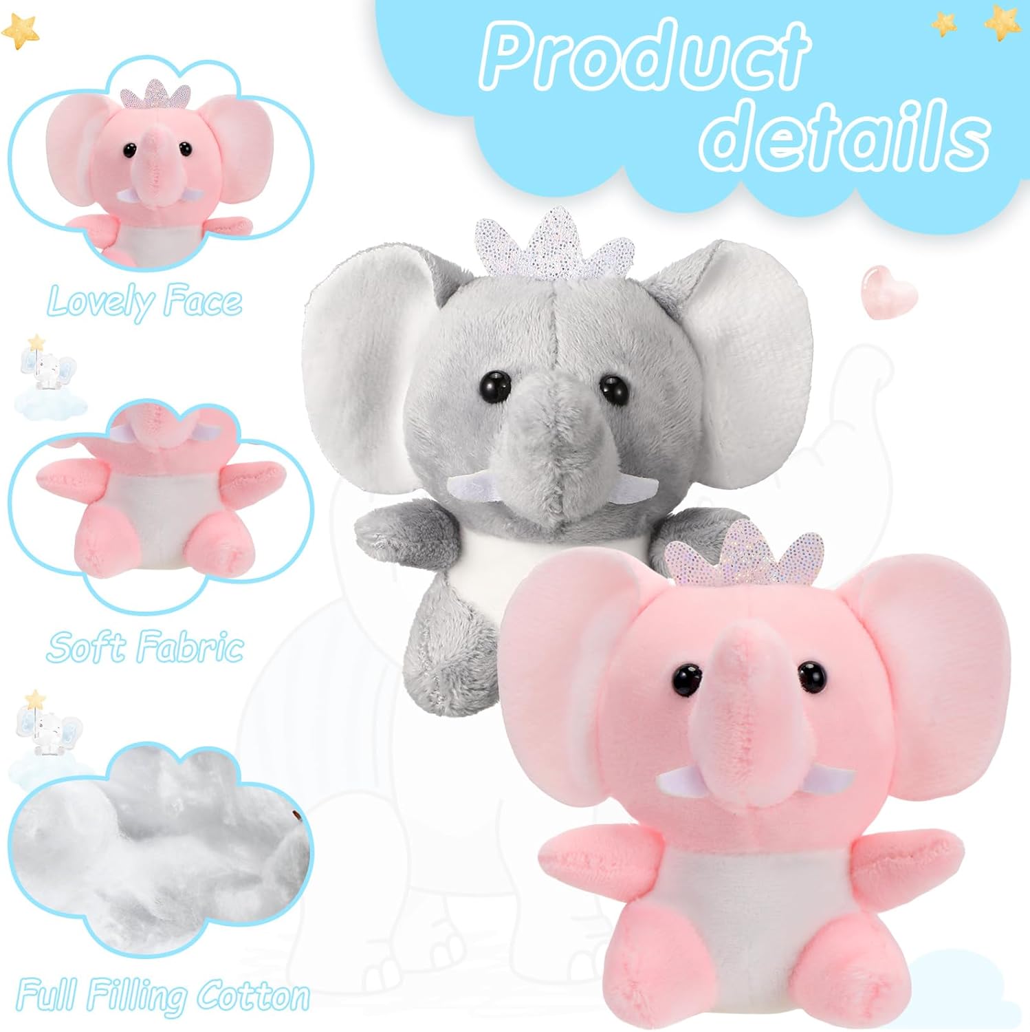 Wettarn 24 Pcs Mini Stuffed Animals Gifts Small Cute Plush Toys for Women Day Classroom Birthday Party Favors, 3.1 Inch(Elephant,Gray, Pink)