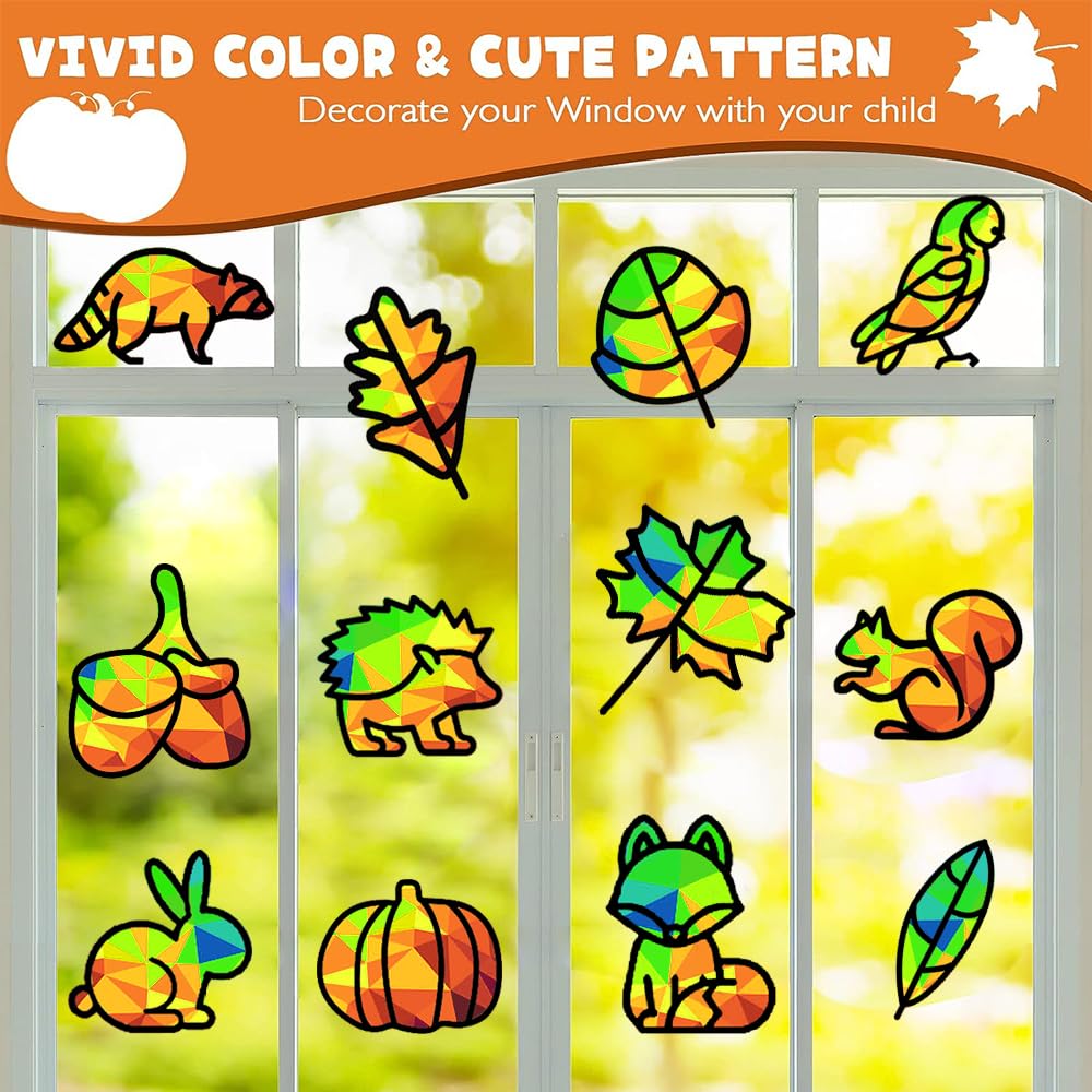 12 Pièces Ensemble Pour Enfants Artisanal D'automne, Enfant Kit D'Artisanat D'Automne Gommette,DIY Clipart Automne Fenêtre Autocollant,pour Enfants,pour Autocollants Muraux Et Fenêtres