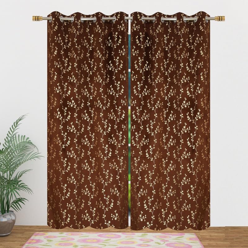 Image of Heavy Velvet Fabric Luxury Looks Room Darkening Floral Designer Curtains 6 Feet for Window, Brown, Pack of 2 Pieces