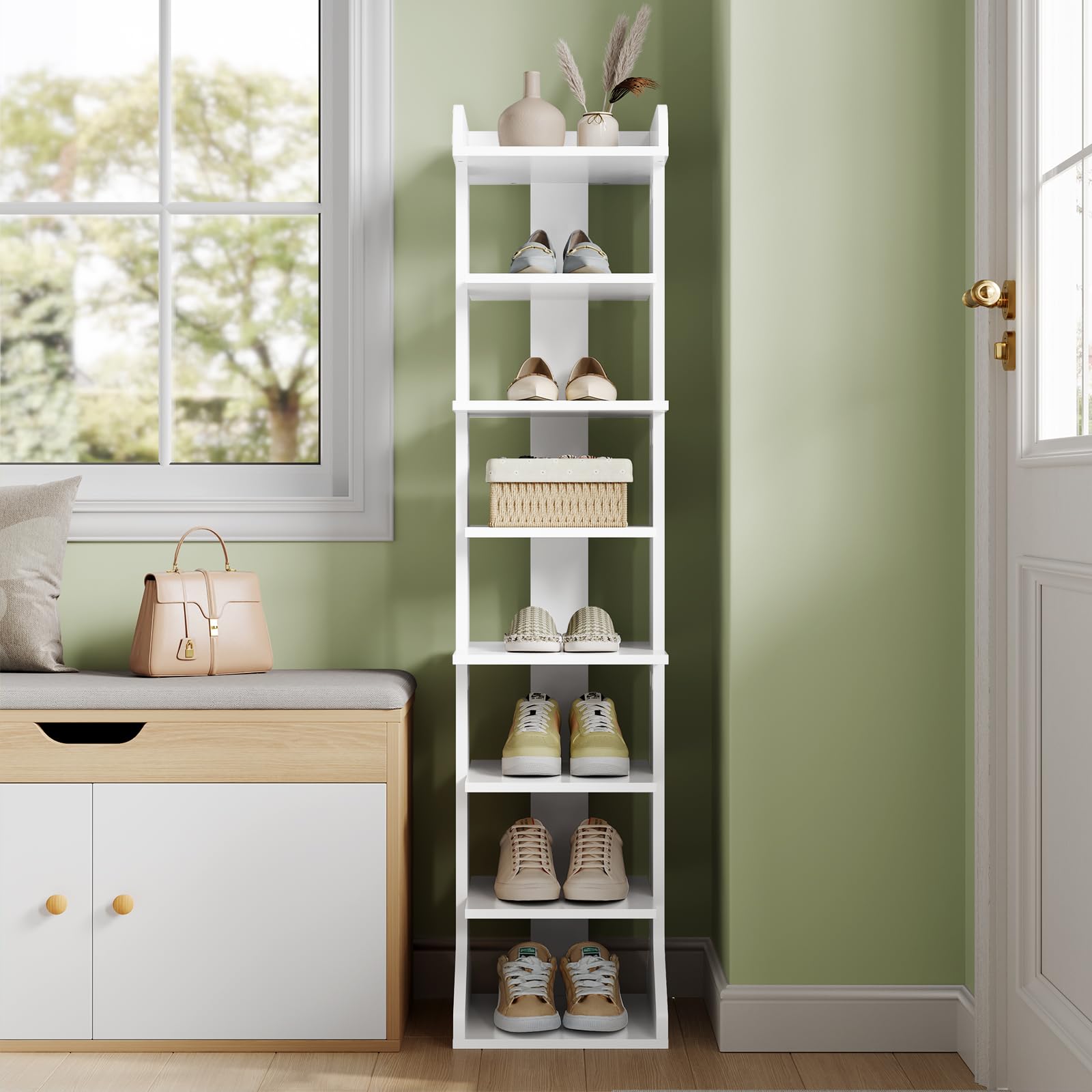 WOLTU Zapatero Estrecho y Alto, Estantería Vertical para Zapatos, Mueble Zapatero de 8 Niveles, para Pasillo, Salon, Entrada y Rincón, 27,5x30x121 cm, Blanco