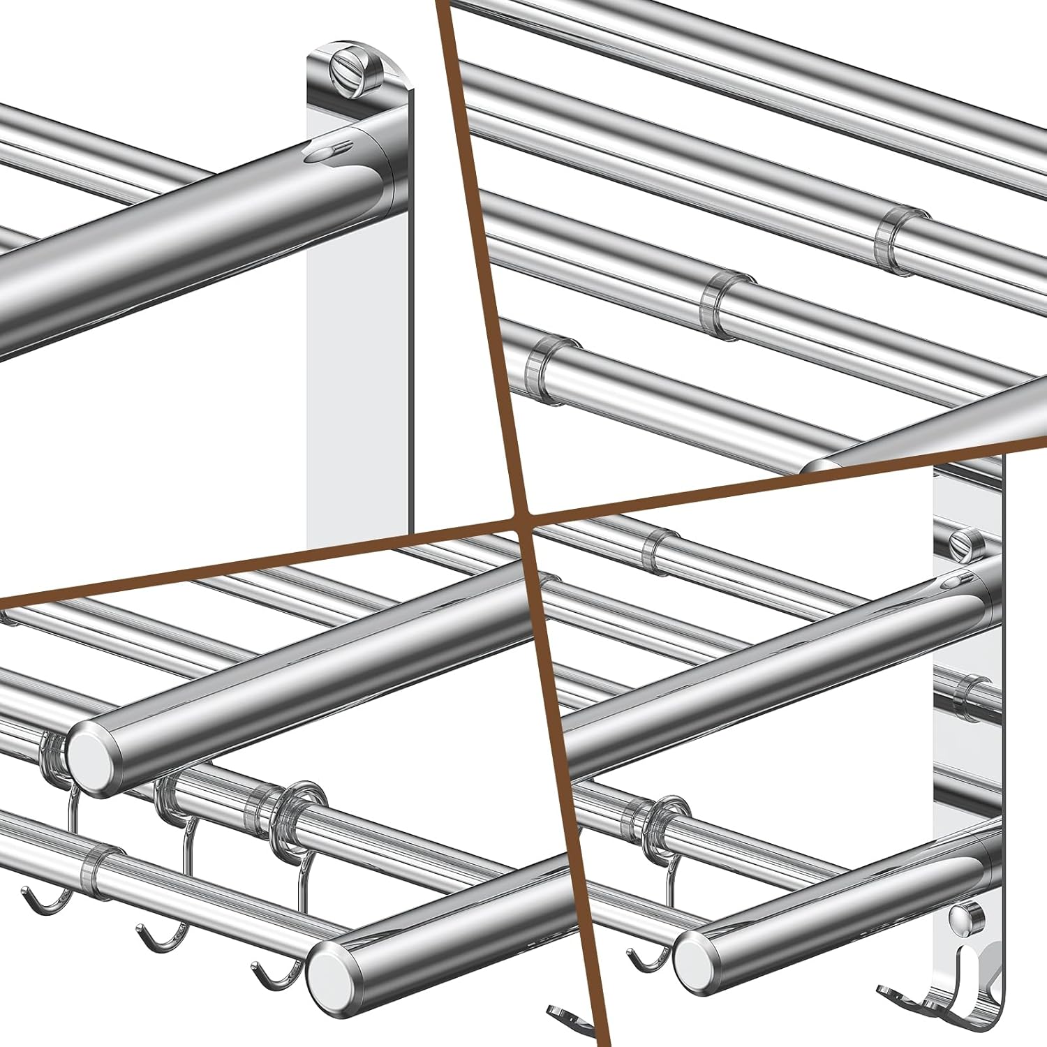Bathroom Towel Rack with Shelf and Towel Bar, 2-Tier Expandable (16.9 to 28 Inches) SUS304 Stainless Steel, Wall Mounted or Adhesive, 4 Sliding Hooks Rust Resistant, Rounded Corners, Side Guards