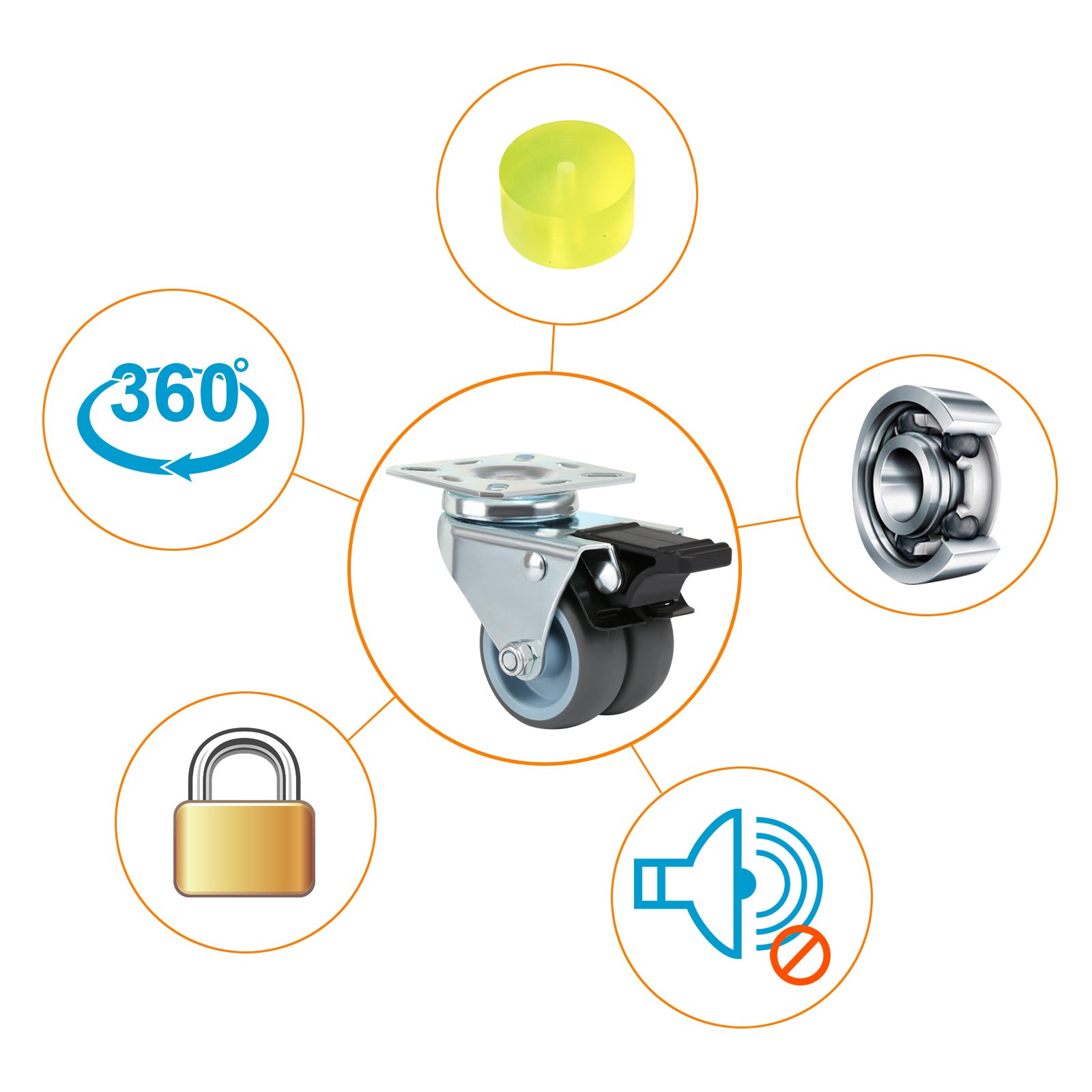 5 Ruote Con Freni Per Sedia Ufficio - Universali, 50mm, Per Pavimenti Duri, Bianco E Nero - Foto 2