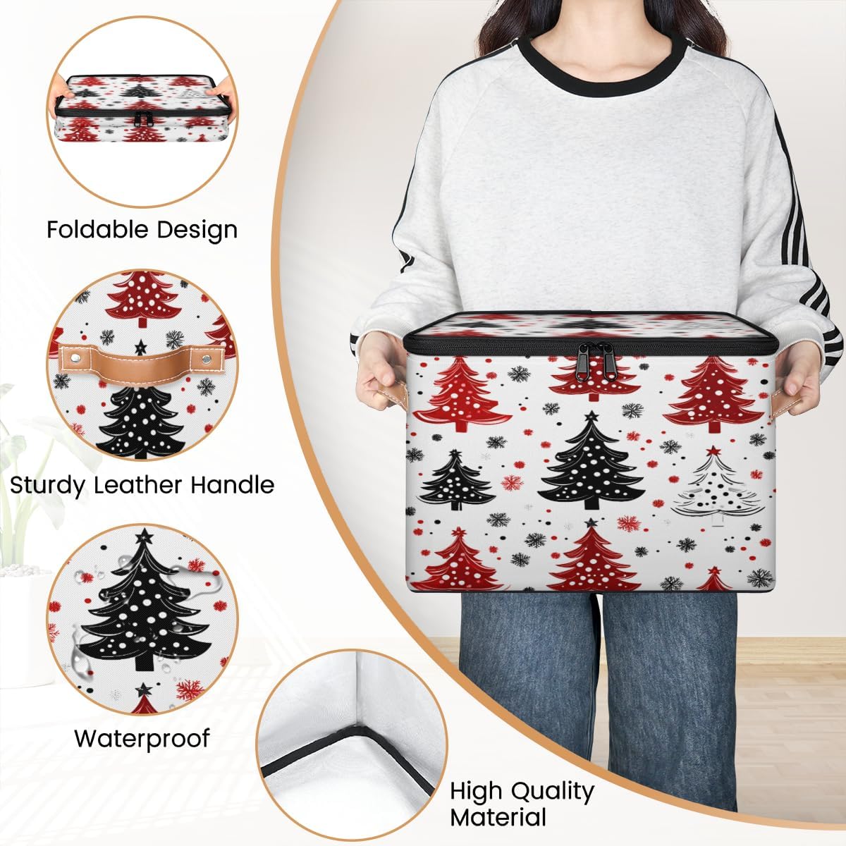 Storage Bin Set of 2 Winter Xmas Trees Storage Basket with Zipper Lid & Handle Foldable Closet Shelf 2 Pack Cloth Organizer Basket Cube Bins for Bedroom, Nursery