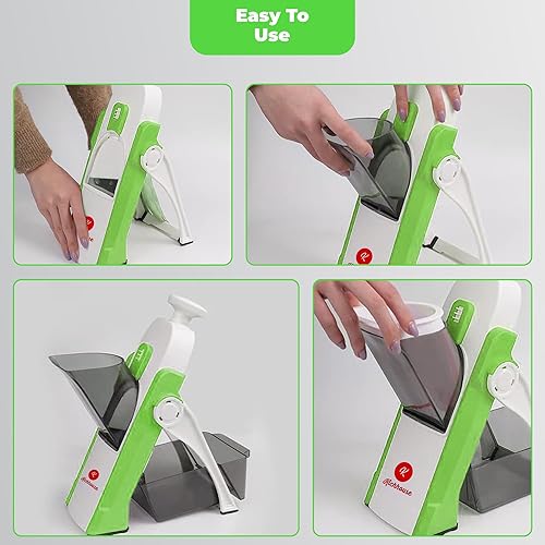 Miniatura 4 de kichhouse Cortadora de mandolina segura, trituradora multifuncional de verduras con ajustador de grosor, más de 30 estilos de corte diferentes