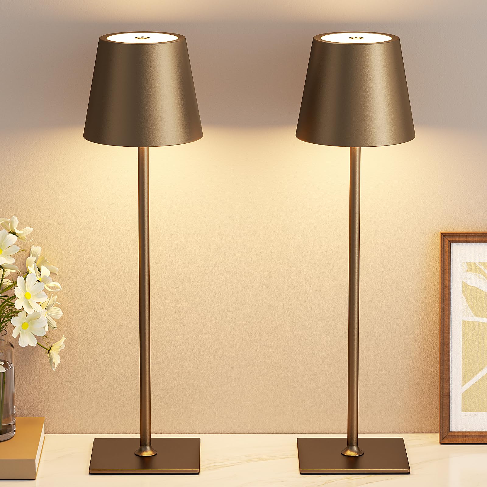 Kakanuo Brown Cordless Rechargeable Table Lamp 5000mAh Battery Operated Lamps 3 Colors Stepless Dimming Touch Lamp for Living