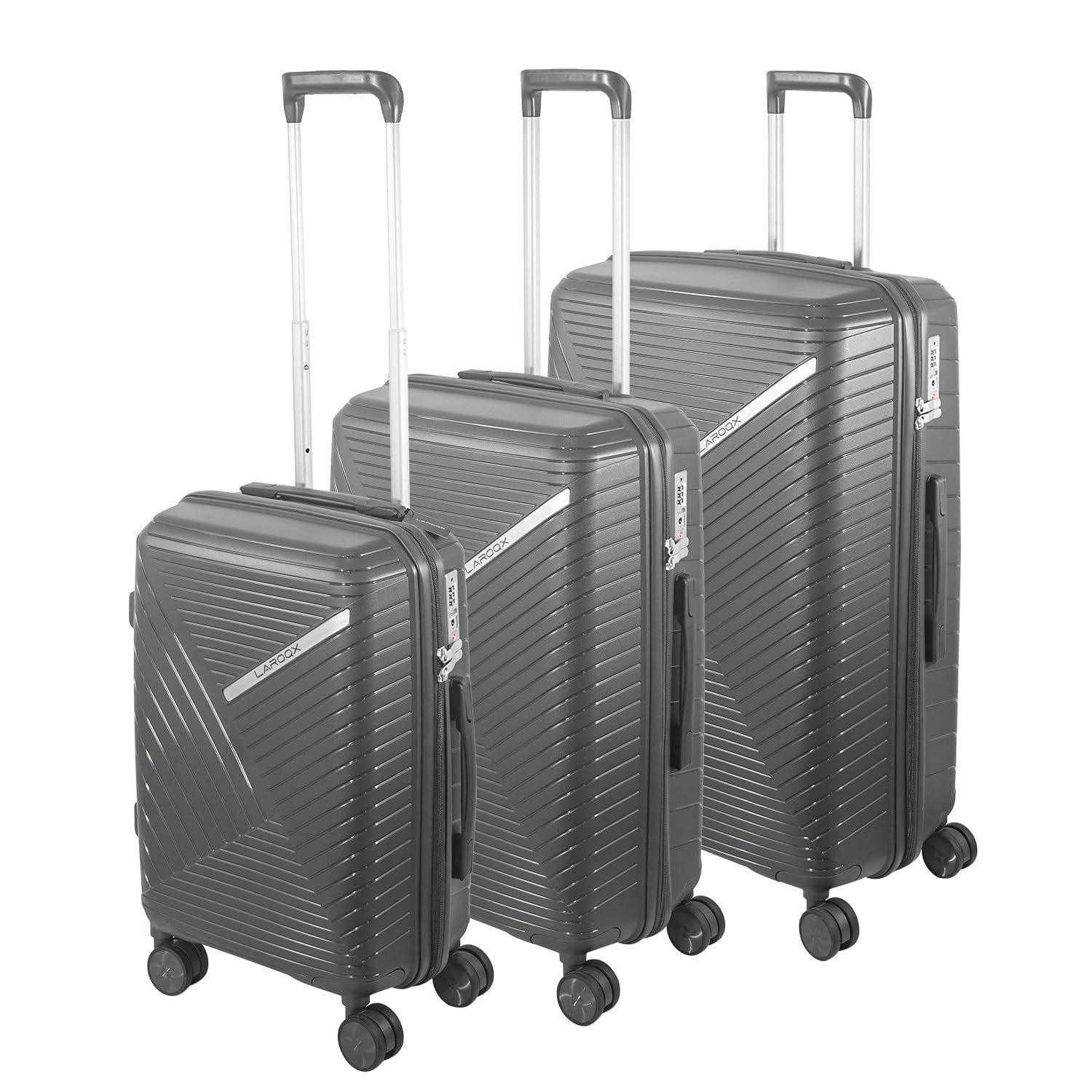 Laroqx Hartschalen Kofferset 3-teilig, Grau | Polypropylen, 55 cm 66 cm 74 cm (43L 65L 110L), TSA Zahlenschloss, 360° Doppelrollen, Teleskopgriff