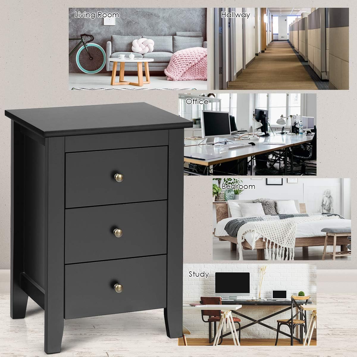 Giantex Nightstand W/ 3 Drawers Large Storage Space, Solid Structure and Stable Frame, Elegant Appearance, Suitable for Bedroom and Bedsides Table Accent Table End Table (2,Black) : Home & Kitchen