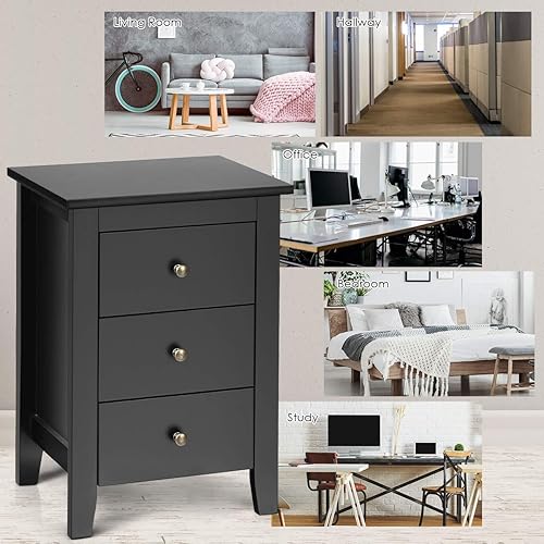 Miniatura 7 de Safeplus Mesita de noche, mesa auxiliar con 3 cajones, armario de almacenamiento para dormitorio, mesa auxiliar de madera, patas de madera maciza