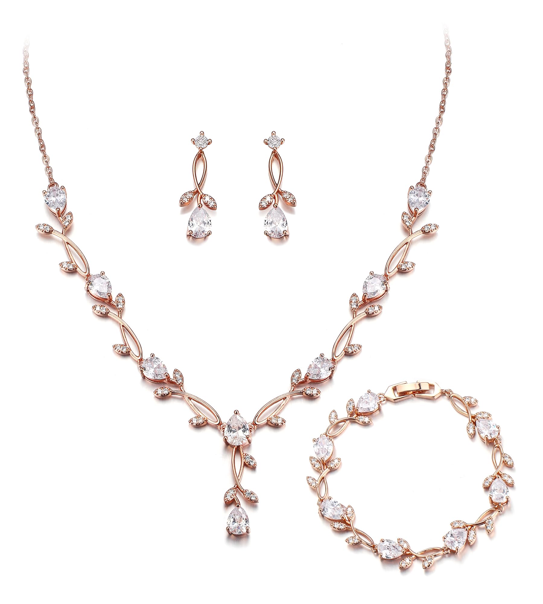 Crysdue Wedding Jewelry Set for Brides Bridesmaid, Rose Gold Plated Stunnig Cubic Zirconia Teardrop Leaf Cluster Pendant Necklace Bridal Tennis Bracelet Drop Earrings Set for Women Party Prom