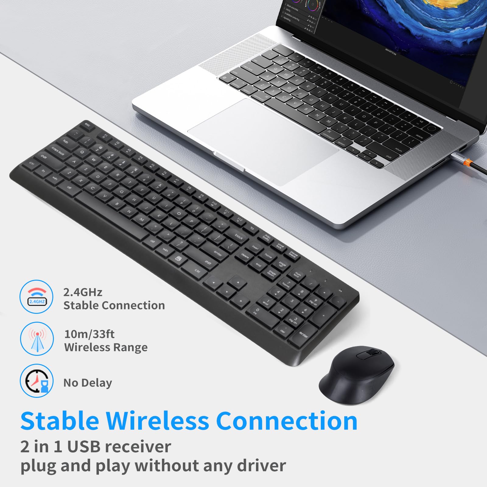 Neepoolock Silent Wireless Keyboard and Mouse Combo, CQ108 Quiet Keyboard Set, Computer Keyboard with 2.4 Ghz for PC, Laptop, Windows/Mac(Black)