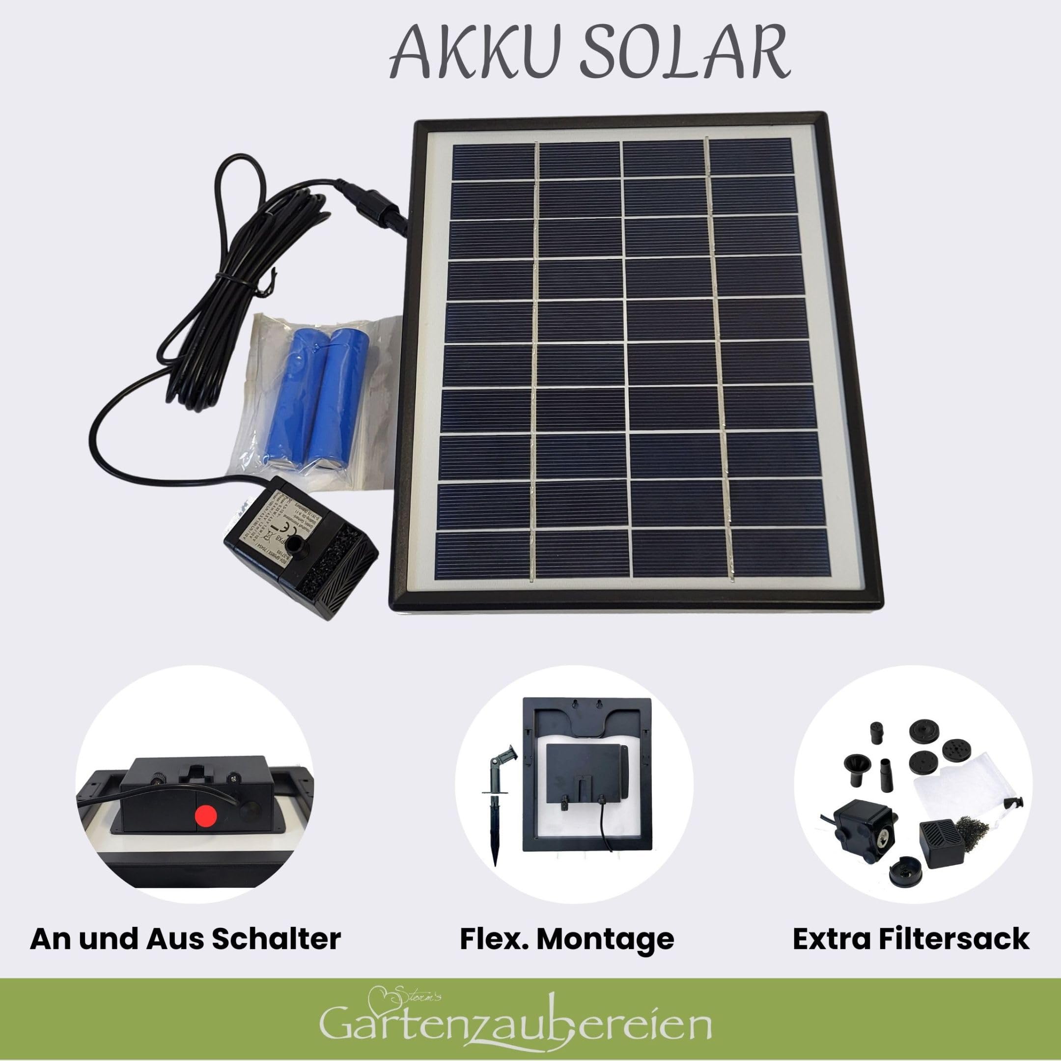 Storm's Gartenzaubereien Wasserspeier Gargoyle für Miniteich - 3-teiliges Set aus Gusseisen mit Akku-Solarpumpe - Teichfigur für Weinfass und Gartenfass - Inklusive 6,5 Watt Solarpanel und Zubehör