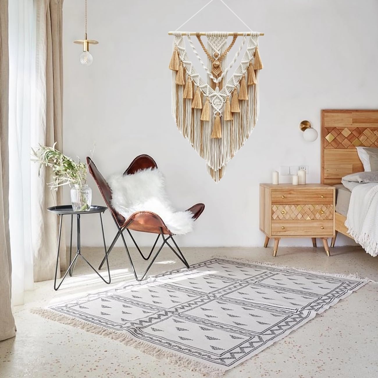HARWAVE Boho Macrame Wall Hanging & Wall Decor, Cotton Handmade Tapestry with Tassel, Woven Macrame Wall Art for Decorating Bedroom Living Room Apartment Nursery (Brown)