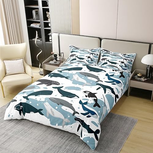 Miniatura 3 de Funda de edredón de ballena 100% algodón, tamaño matrimonial, funda de edredón de vida marina para niños y niñas, funda de edredón Kawaii de