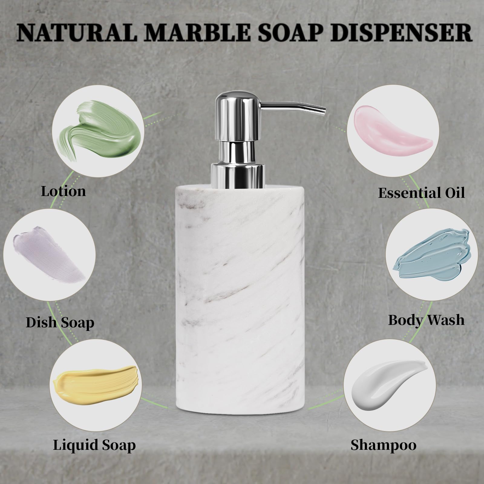 Dispensador de jabón de mármol blanco con bomba de acero inoxidable para encimera de baño, cocina, dispensador de loción y líquido, botella de jabón