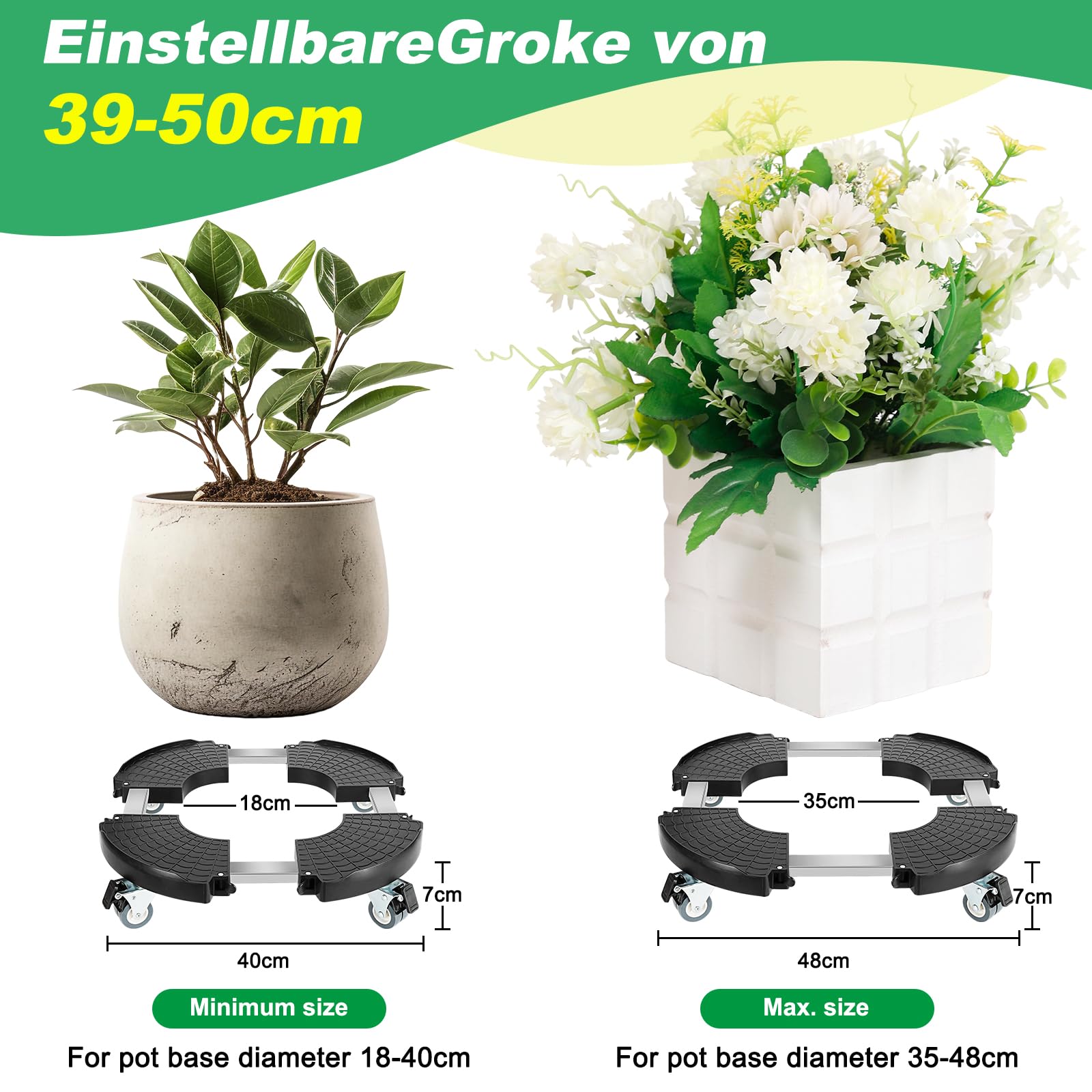 UCAMP Porte Plante a roulettes Réglable 40-48cm,Support Plante avec Roues Pivotantes à 360°,Capacité de Charge Maximale 300KG,Support de Pot de Fleur Rond Intérieur et Extérieur,Noir