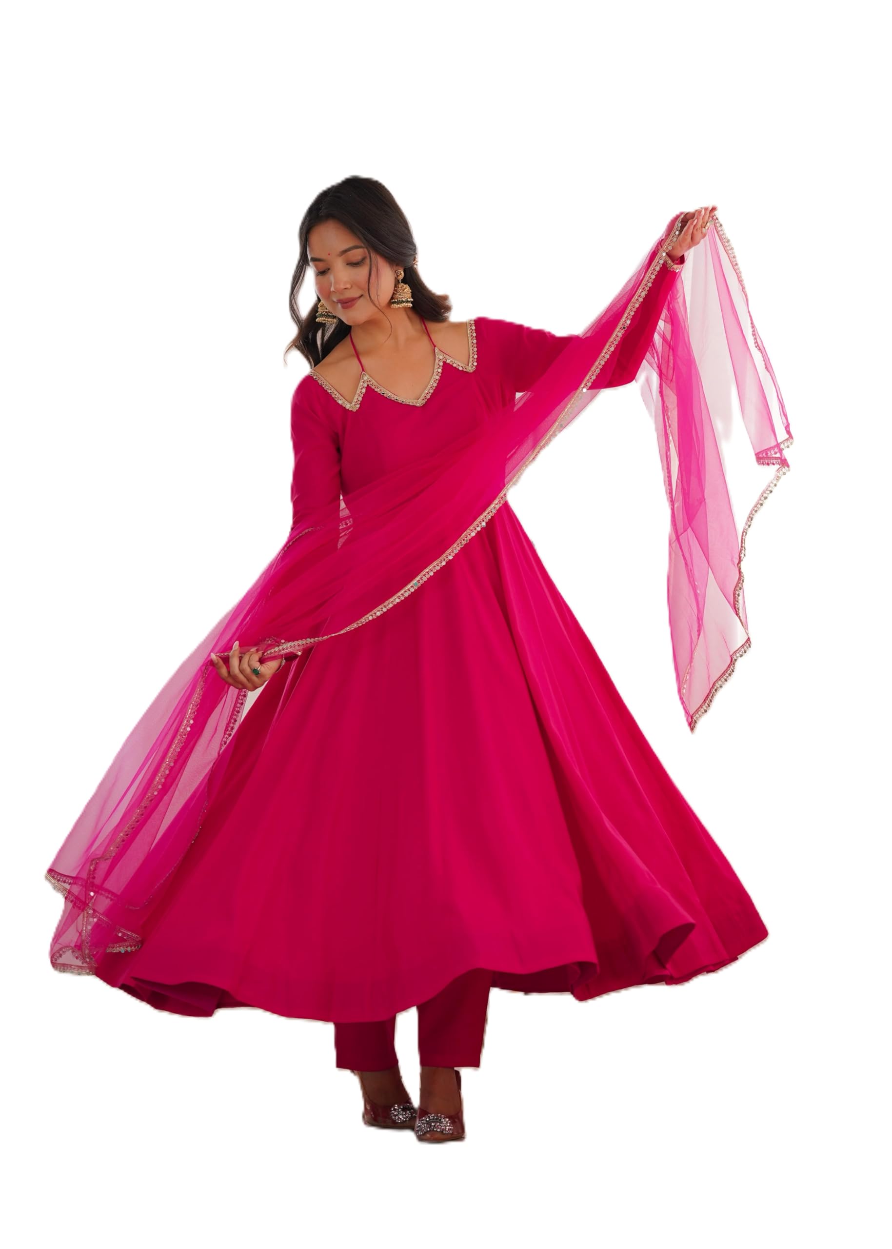 Women’s Pure Roman Silk Chanderi Anarkali Suit Set | Fully Flared 4+ Meter Gown with Dupatta & Pant | Ready to Wear Ethnic Party Wear Dress (UK, Alpha, L, Regular, Regular, Pink)