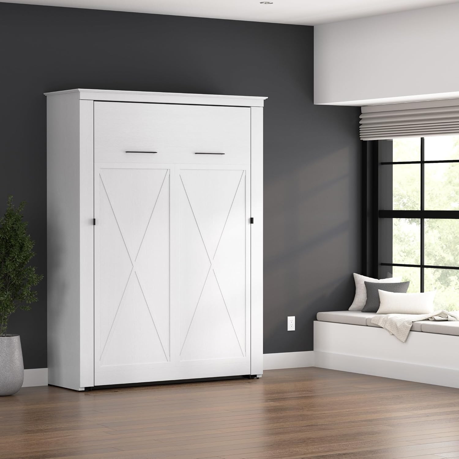 Bestar Key West 63W Full Murphy Bed, Space-Saving Sleeping Arrangement for Multipurpose Area, Bedroom, Guest Room, or Living Room in Pure White Oak