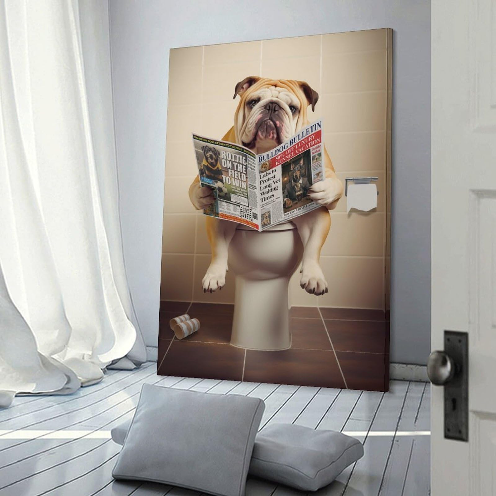 Junmoney Canvas Wall Art Bulldog on The Toilet, 24x36inch(60x90cm), for New Homes, Bedrooms Or Workspaces, Canvas Artwork with Gifting Potential