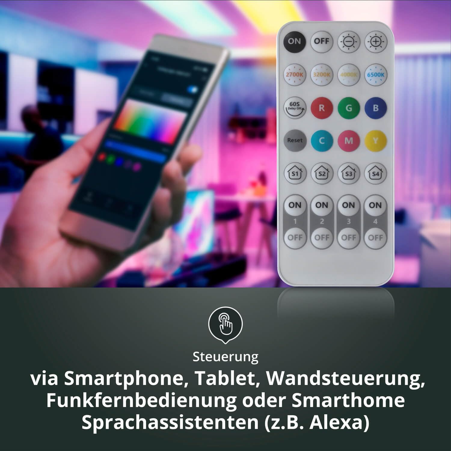 Smart Home LED Panel Deckenleuchte RGB+CCT 120x30cm Farbsteuerung variables weiß 2700-6500K 4800lm dimmbar inkl. Fernbed. App-steuerbar Alexa Google Assistant Bluetooth WiFi Android iOS 1200x300x68mm
