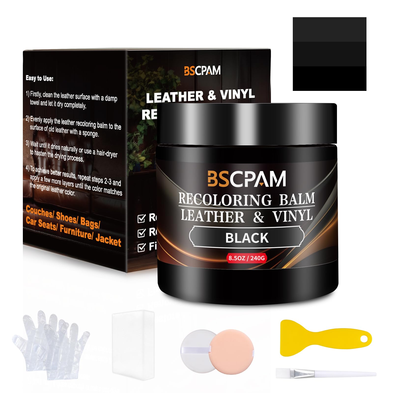 Kit Reparation Cuir Noir,Balsam pour Recoloriage Cuir,Peinture Cuir Liquide,Vinyle Teinture Cuir Réparation pour Canapés,Sièges Voiture,Chaussures,Selle,Blouson en Cuir Griffures/Taches