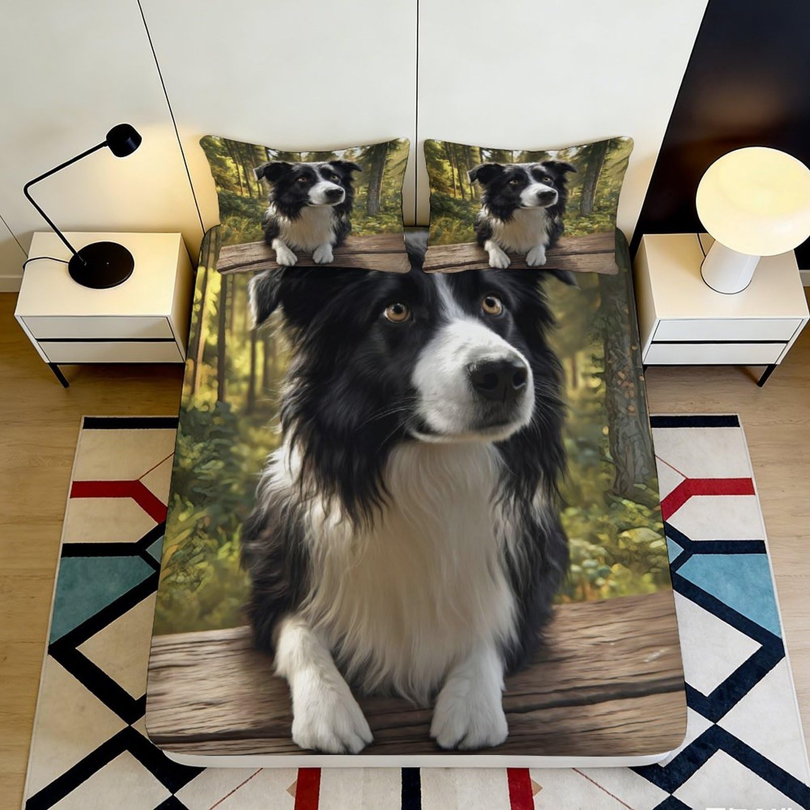 3D Printed Border Collie Fitted Sheet Microfiber Soft Animal Forest Bed Cover for Bedroom Dorm Mattress Protection Decor 90x200x25cm