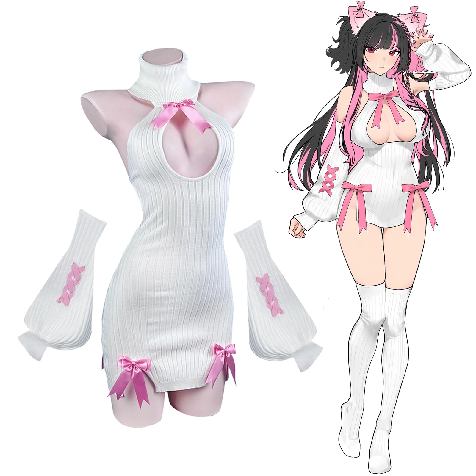 KORURACLUB Schleifenpullover Kostüm (3-teiliges Set) Premium Pullover Cosplay Dessous Schleifenpullover Succubus Dessous