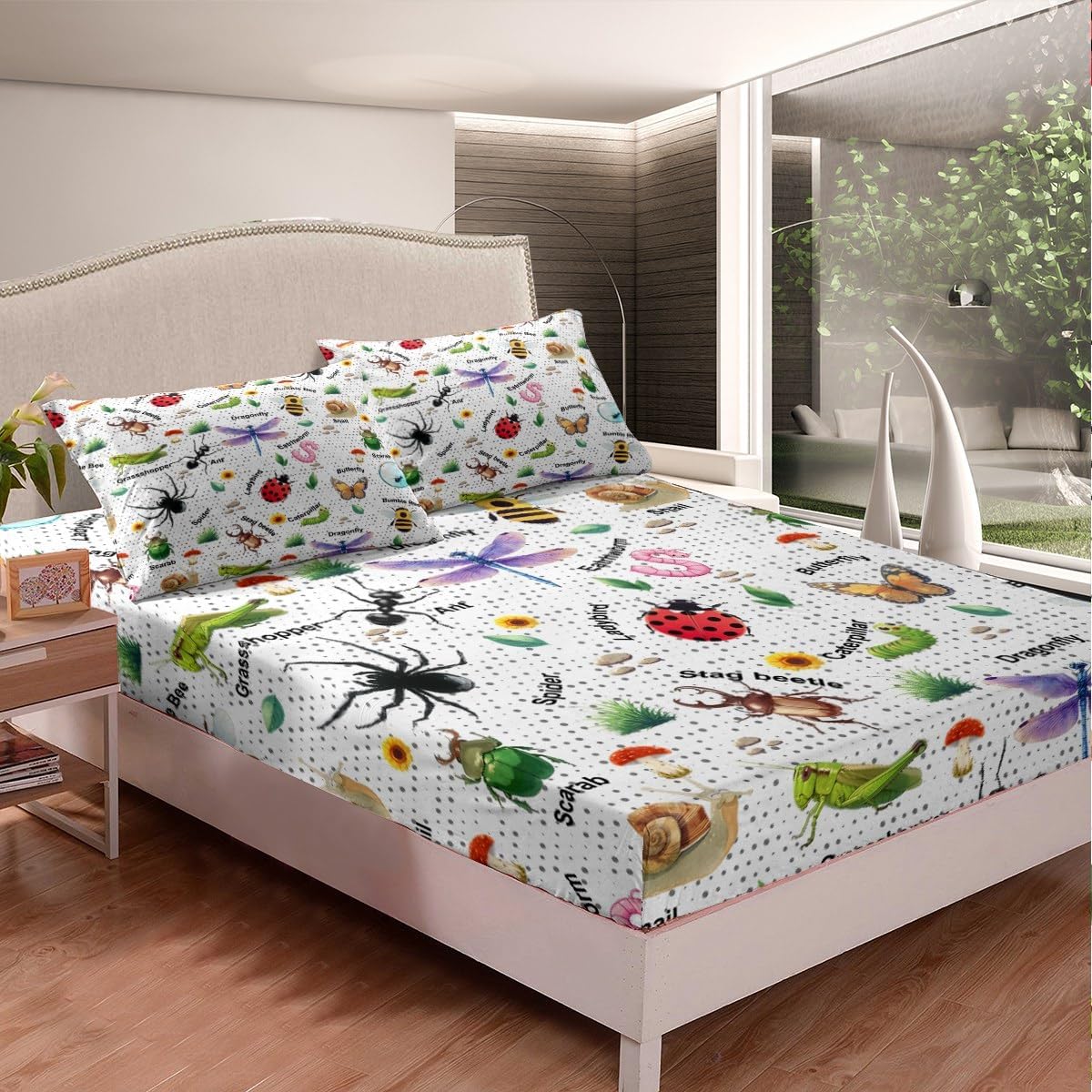Kids Bugs Bed Sheets Dragonfly Fitted Sheet Butterfly Bee Ladybird Sheets Queen for Boys Girls Teens Room Decorations,Nature Animal Bed Set,Mushroom Print