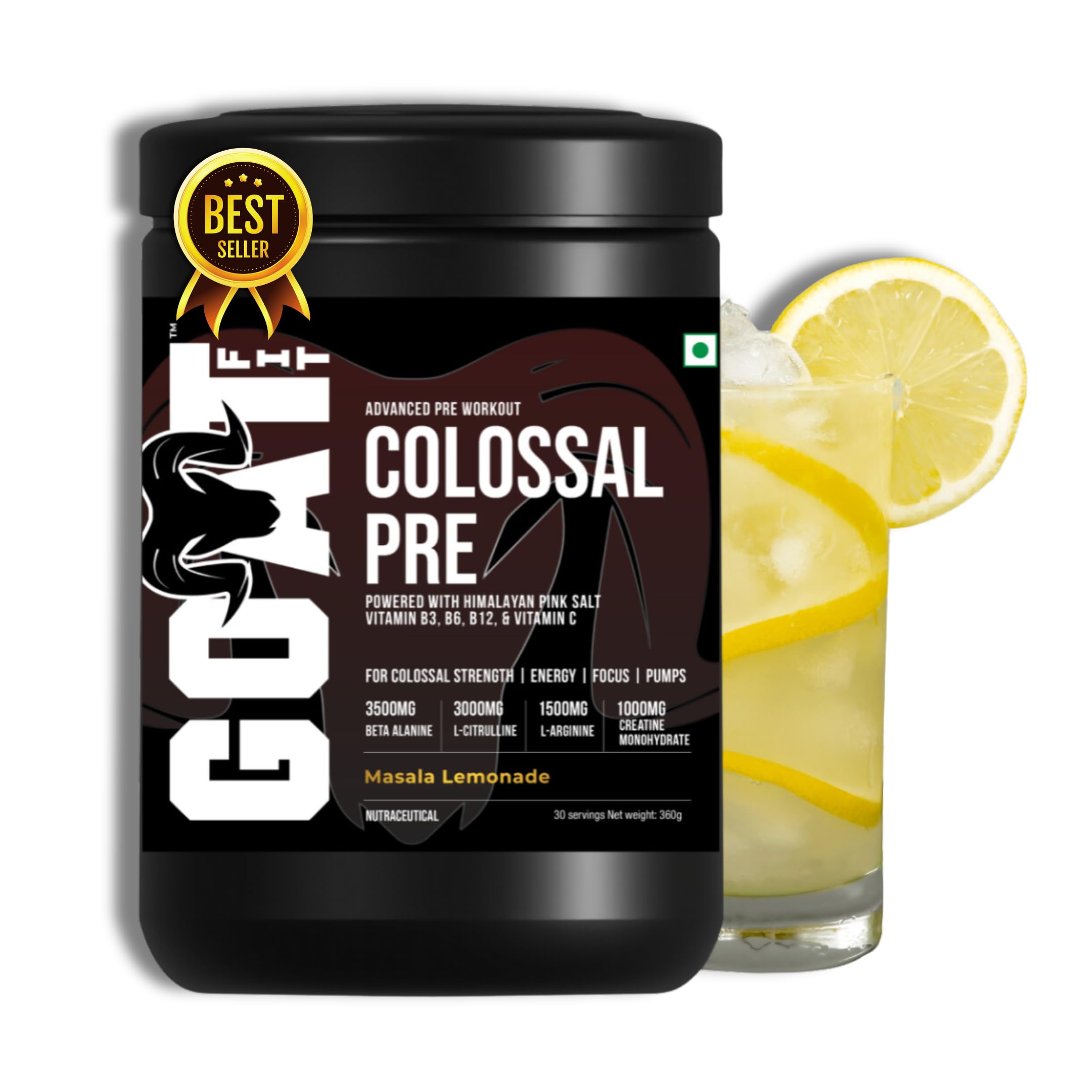 G.O.A.T Fit Colossal Pre | PreWorkout Powder (Masala Lemonade 360gm 30 Servings) 200mg Caffeine 3.5g Beta-Alanine 3g Citrulline 1.5g Arginine 1g Creatine with Himalayan Pink Salt (B0CZ13T5DQ) Amazon Price History, Amazon Price Tracker