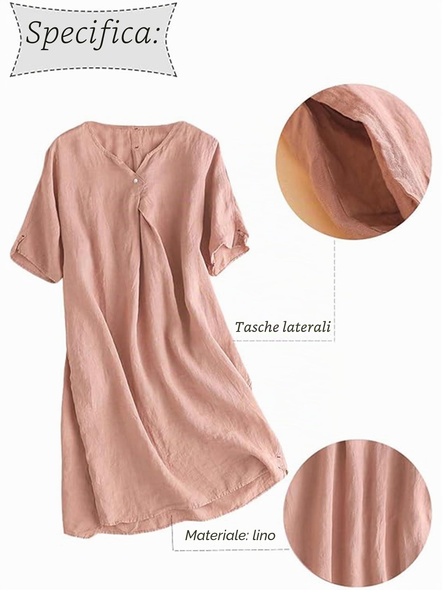 FTCayanz Donna Vestiti Estivi Scollo V Manica Corta Sciolto Casual Vestito Dress in Lino