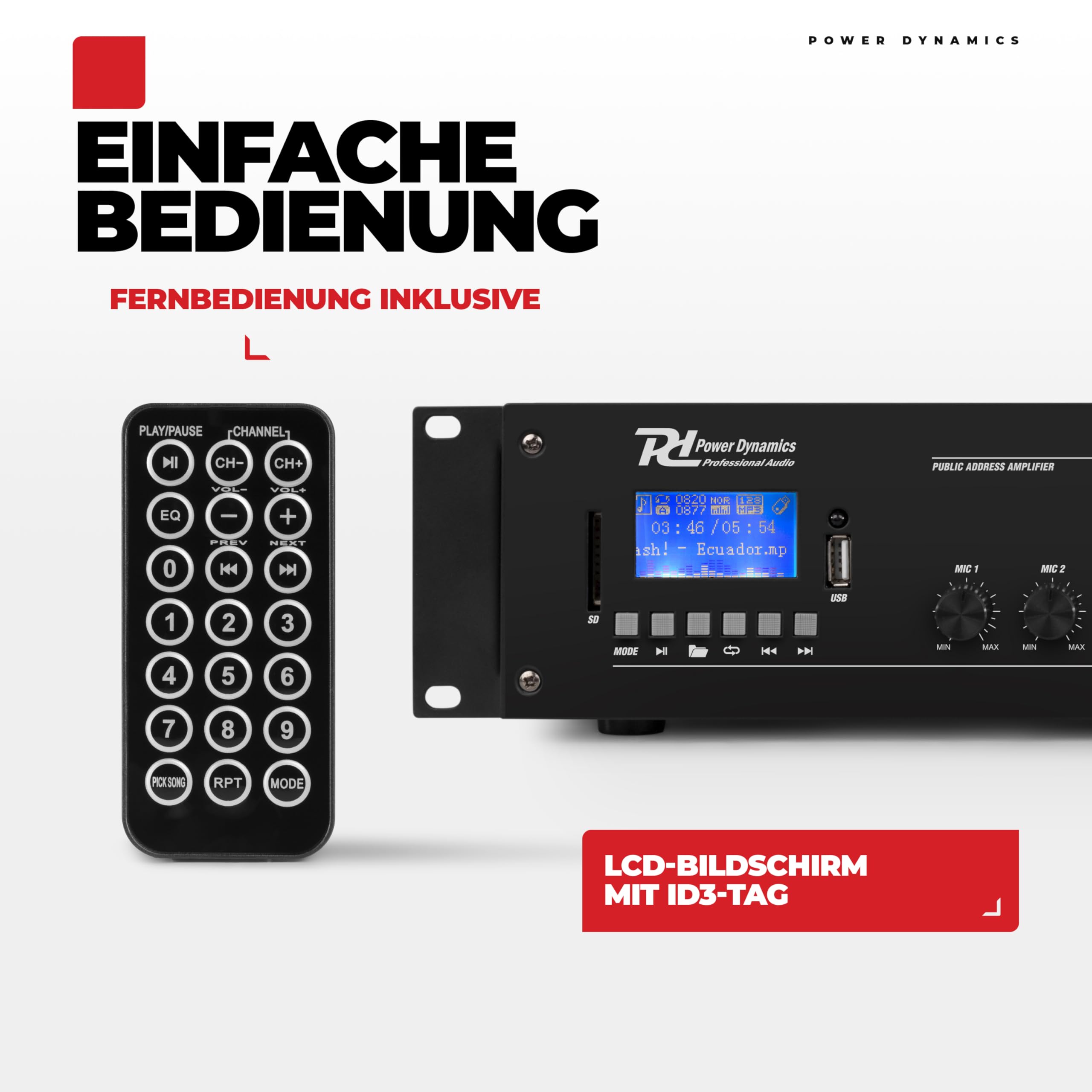 Power Dynamics PRM360 PA Endstufe - Verstärker für Lautsprecher und Musikanlagen, 100 Volt System, 360 Watt PA Verstärker, Bluetooth, MP3-Player, USB, SD, 2x Mic, Soundverstärker