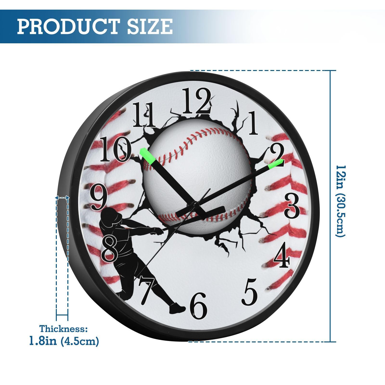 Mnsruu Reloj de pared luminoso para tenis, sóftbol, béisbol, dormitorio, funciona con pilas, silencioso, brilla en la oscuridad, para sala de estar, cocina, 12 pulgadas