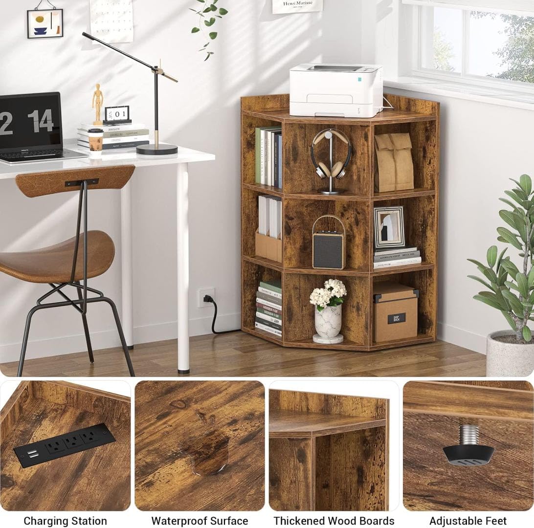 Aheaplus Corner Cabinet, Corner Storage with Power Outlets, Rustic Brown image 5