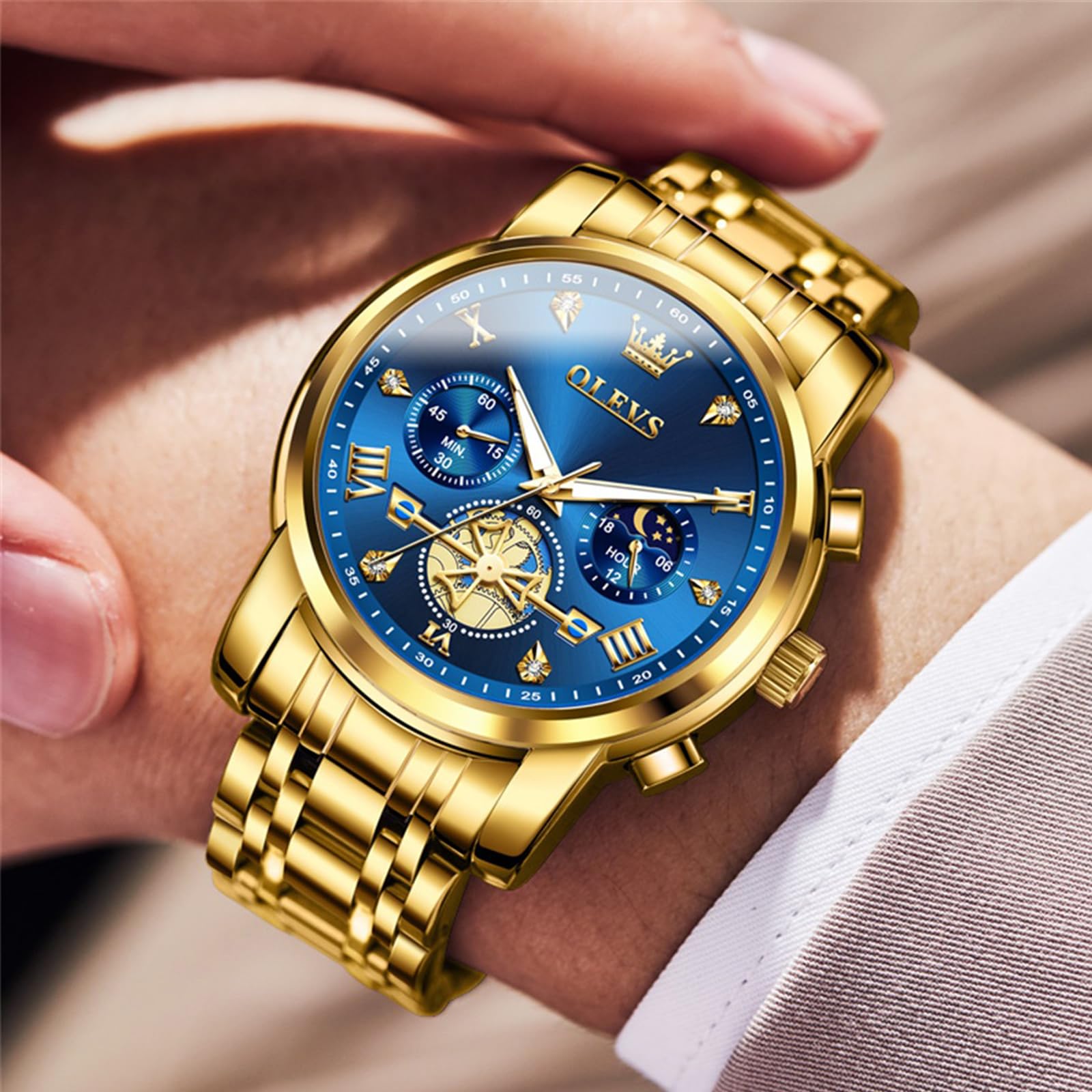OLEVS Reloj para Hombre, con código de Tiempo, Correa de Acero Inoxidable, Resistente al Agua, Multifuncional, subesfera, Reloj de Negocios, Cuarzo Redondo