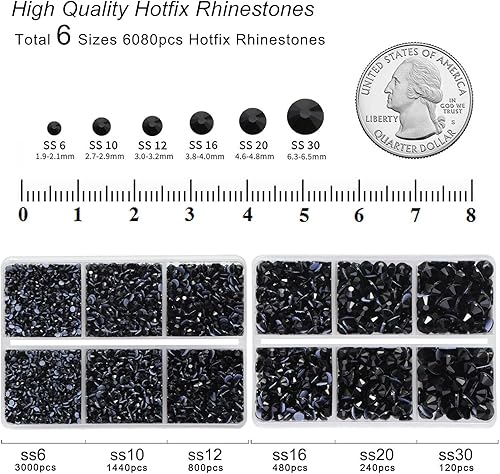 Miniatura 4 de BEADSLAND Hotfix - 6080 diamantes de imitación negros para ropa, manualidades, mezclados en 6 tamaños con lápiz de cera y pinzas, SS6-SS30, negro