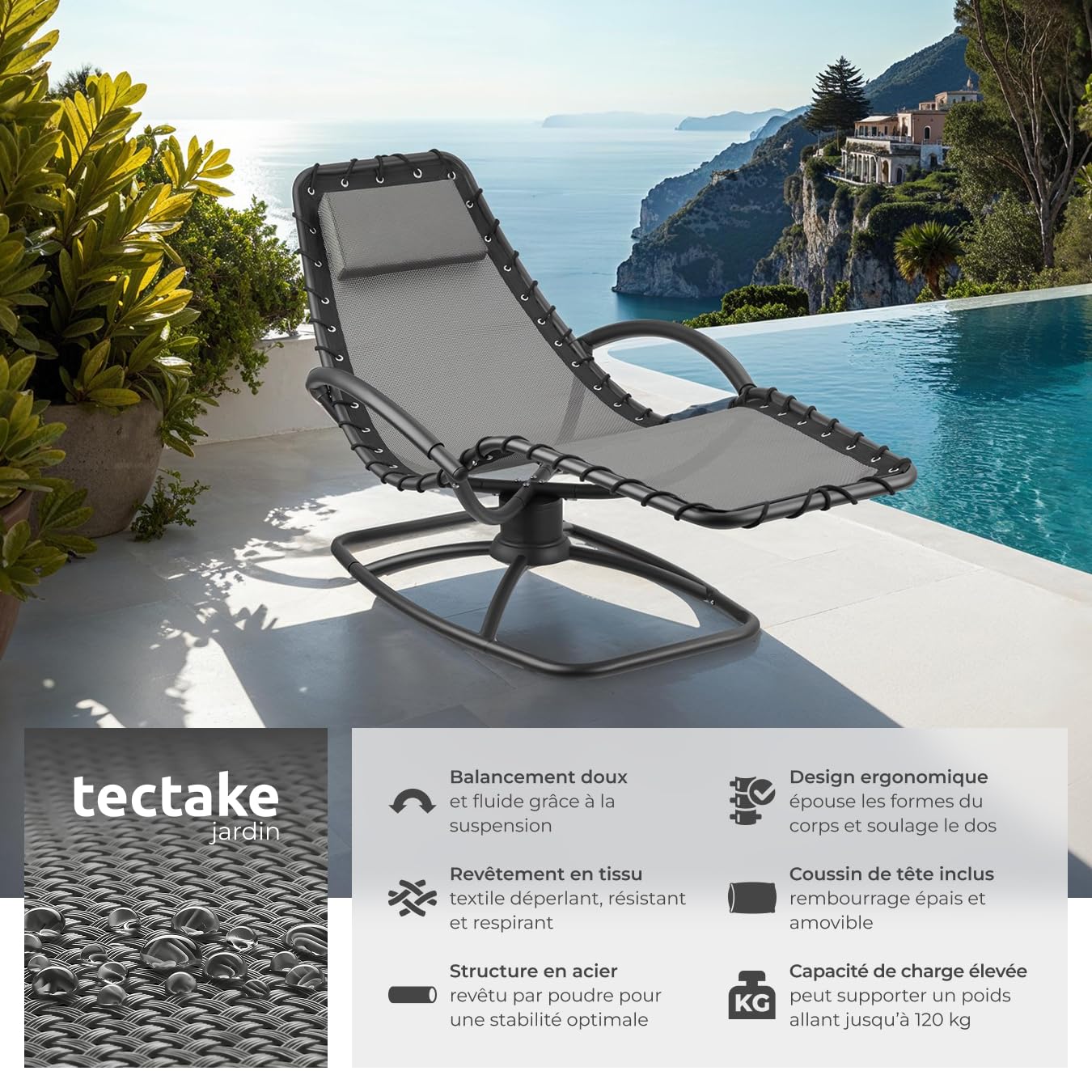 tectake® Chaise Longue Bain de Soleil Ergonomique et à Bascule Max. 120Kg, Imperméable, Transat Jardin Exterieur Relaxation Camping Salon de Jardin Exterieur Amenagement Balcon Terrasse Piscine Lounge