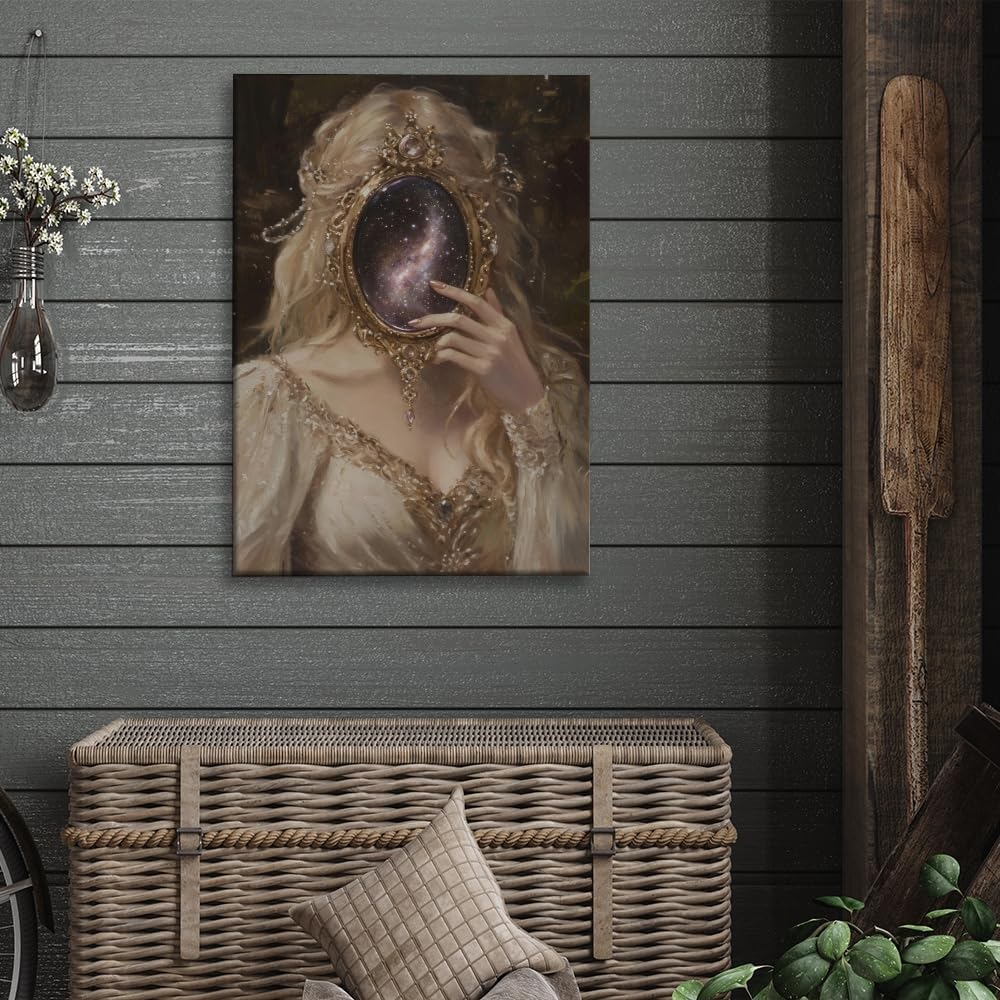 Dark Academia Victorian Mirror Mystical Celestial Art Poster Canvas Print Retro Abstract Artwork Aesthetic Home Decor for Living Room Home Office Bedroom Wall Art Decor Framed12x18inch