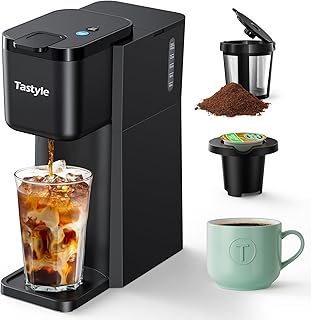 Mini cafetera para café caliente y helado de una sola porción, para K-Cup y café molido, tamaños de preparación de 6 a 14 onzas, con libro de recetas, para hogar, negro clásico (versión 2.0)