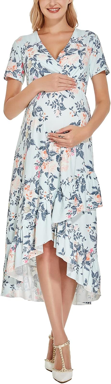 Women's Maternity Dress Summer Faux Wrap V Neck Short Sleeve Ruffle Hem Dresses for Baby Shower or Casual Wear