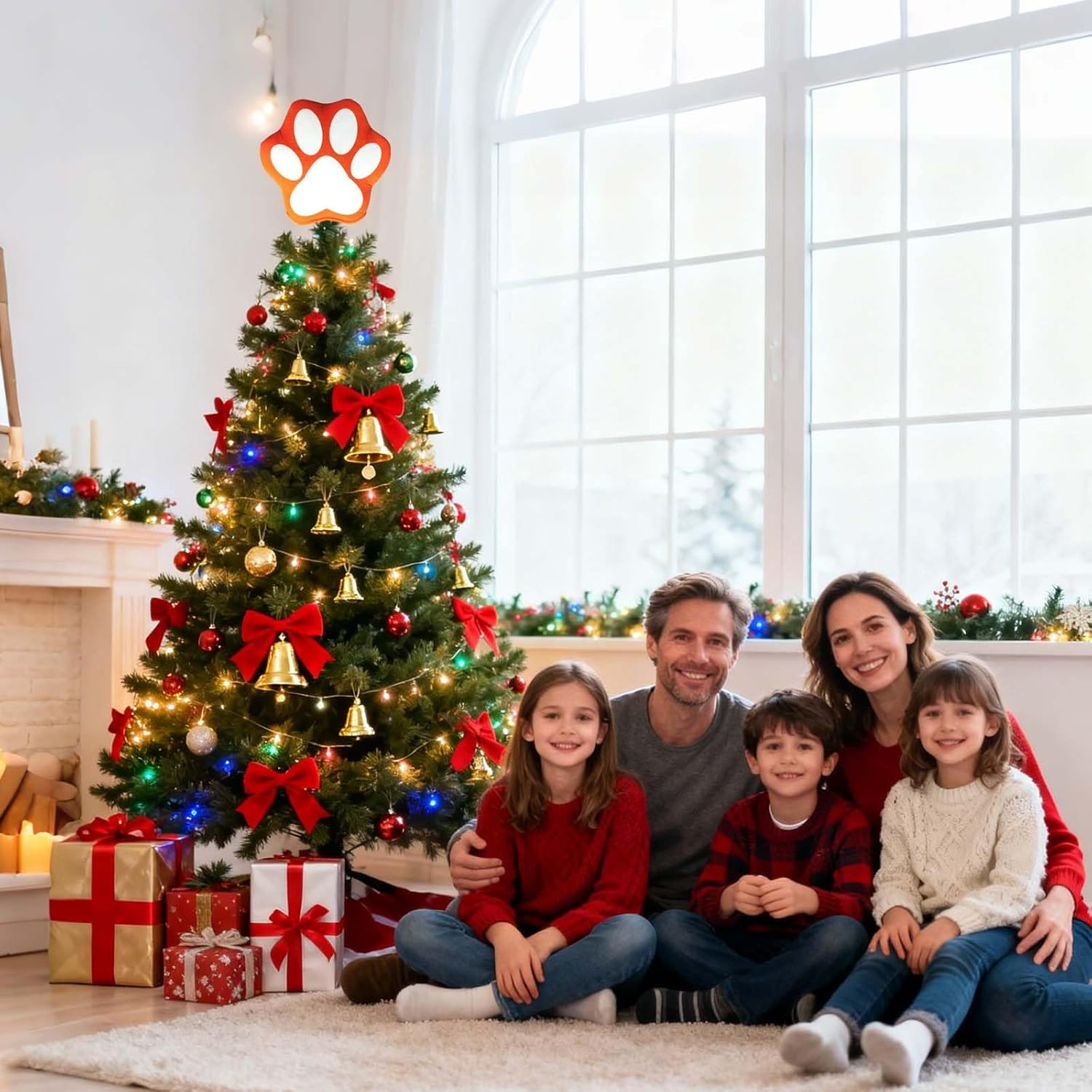 Dog Paw Christmas Tree Topper,9.8 * 9.8inch Blue Orange Dog Paw Print Christmas Ornament Topper, Santa Hat Tree Topper, Indoor and Outdoor Xmas Festival Thanksgiving Day New Year Decors - Image 7