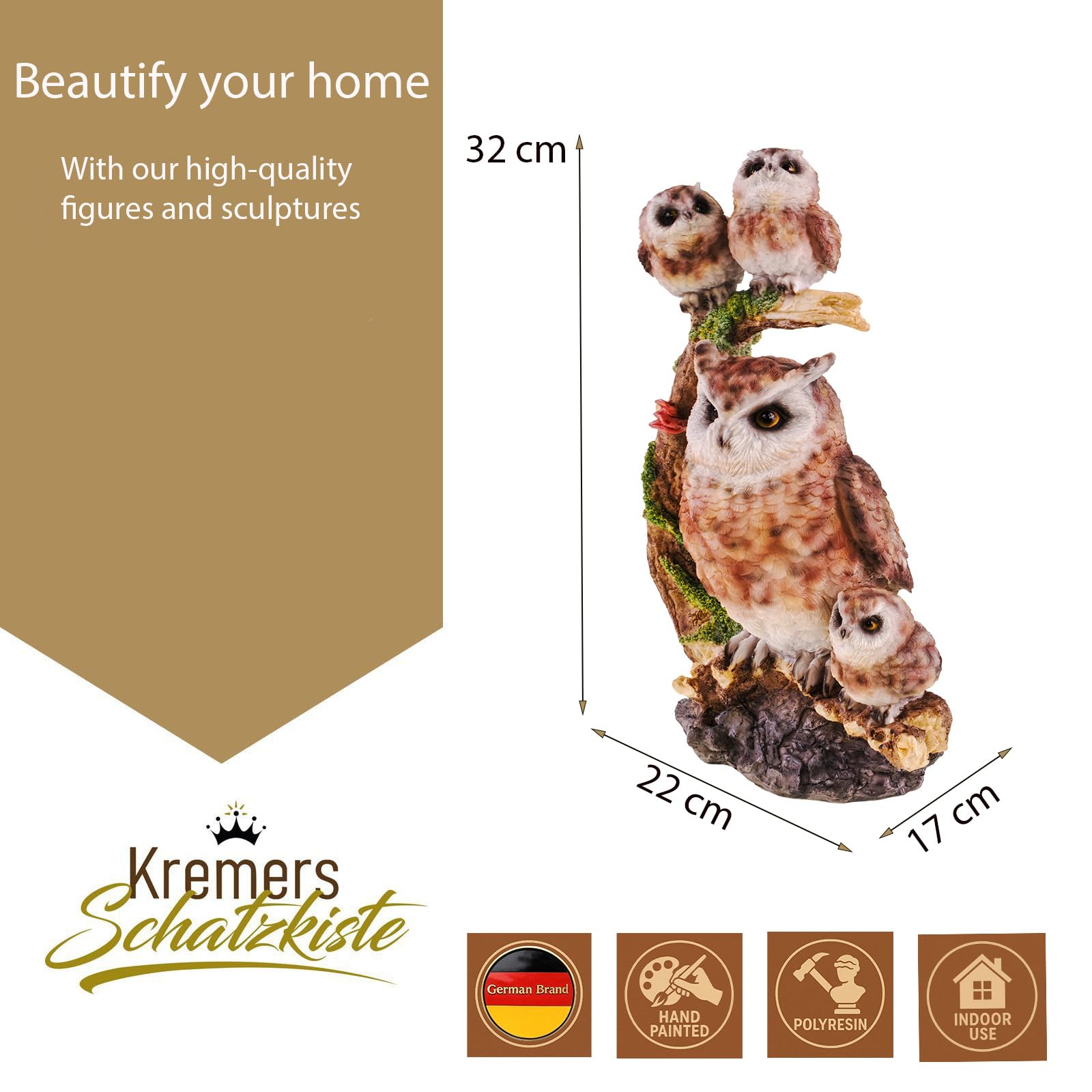 Kremers Schatzkiste Eulen Figur mit Babys Handbemalte Polyresin Deko 32x22x17cm Eulenfamilie auf AST - liebevolle Gartendeko & Wohnzimmerfigur - Bunte Eule Skulptur für Natur- & Tierfreunde