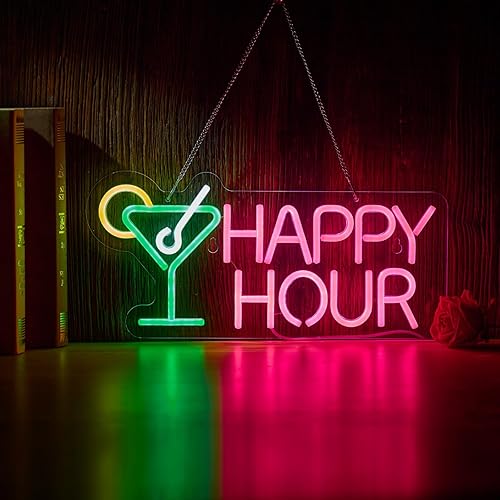 Cocktails Happy Hour Neon Sign for wall décor with Dimmable Switch LED Neon Signs Bedroom Beer Bar Neon Light Sign Hotel Party Club Office Art Lights.